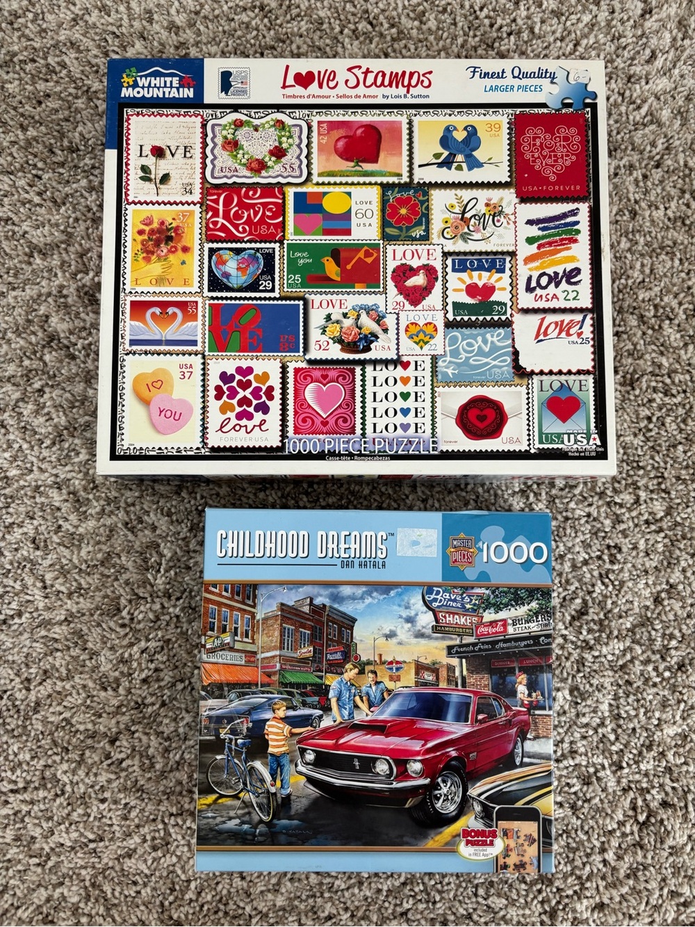 Two White Mountain 1000 Puzzle Love Stamps and Childhood Dreams Puzzle